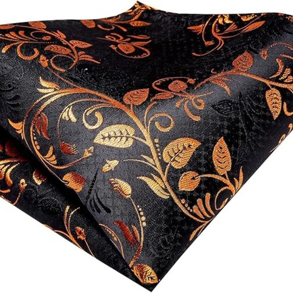 Silk Paisley Necktie and Pocket Square Cufflinks Set Orange Black - Picture 5 of 6